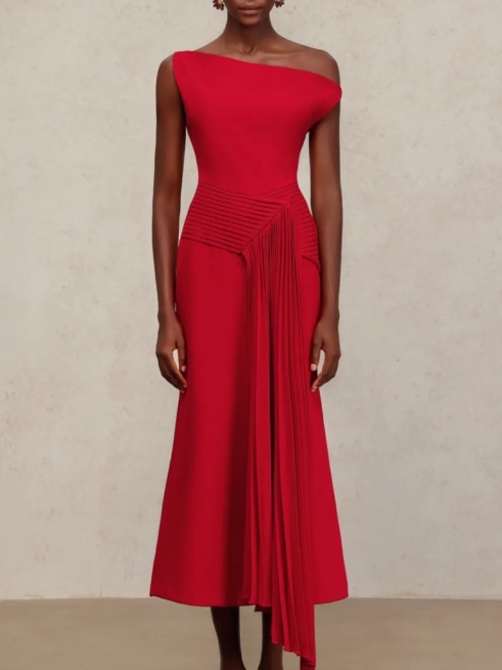 NWT - Paulina Oblique Shoulder Sleeveless Folds Midi Dress